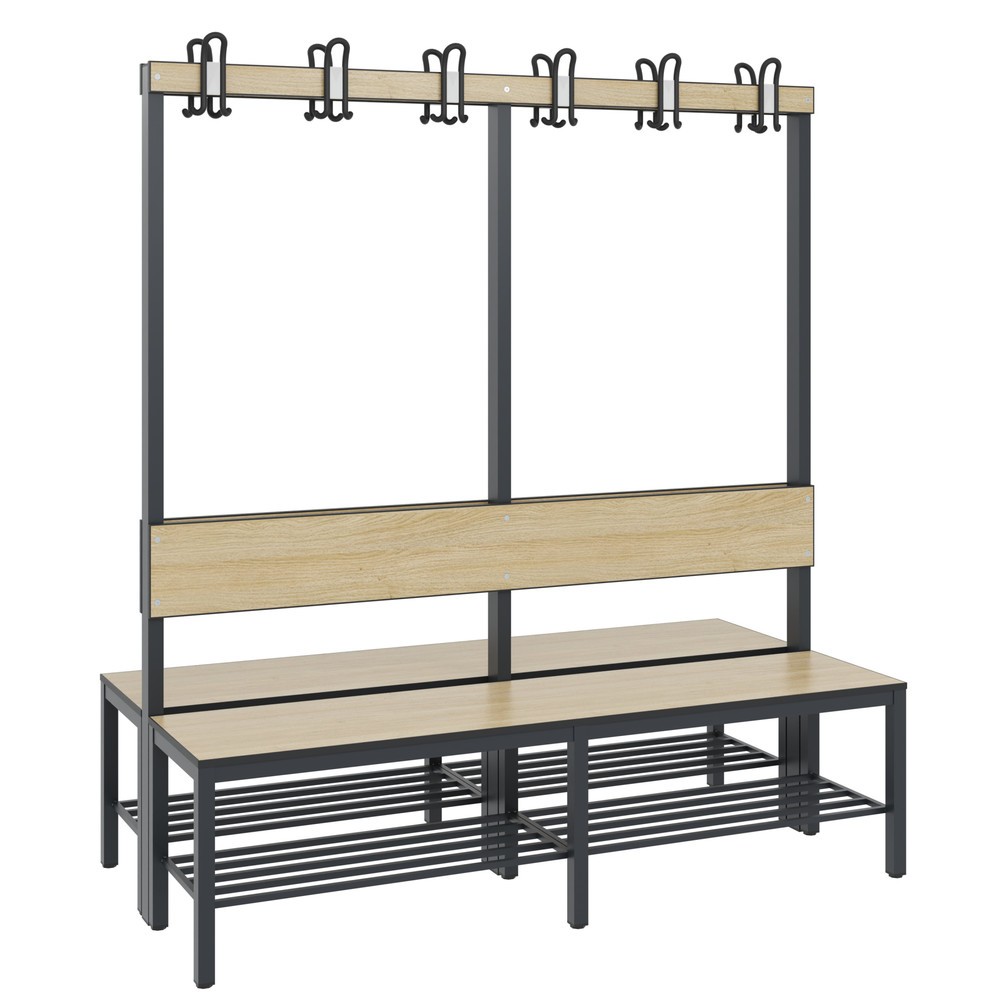 Productafbeelding nr. 1: C+P kleedkamerbank Basic Plus, lengte 1.500 mm, dubbelzijdig, met rugleuning, 2x6 dubbele haken, incl. schoenenrek, zwartgrijs/eiken sereno