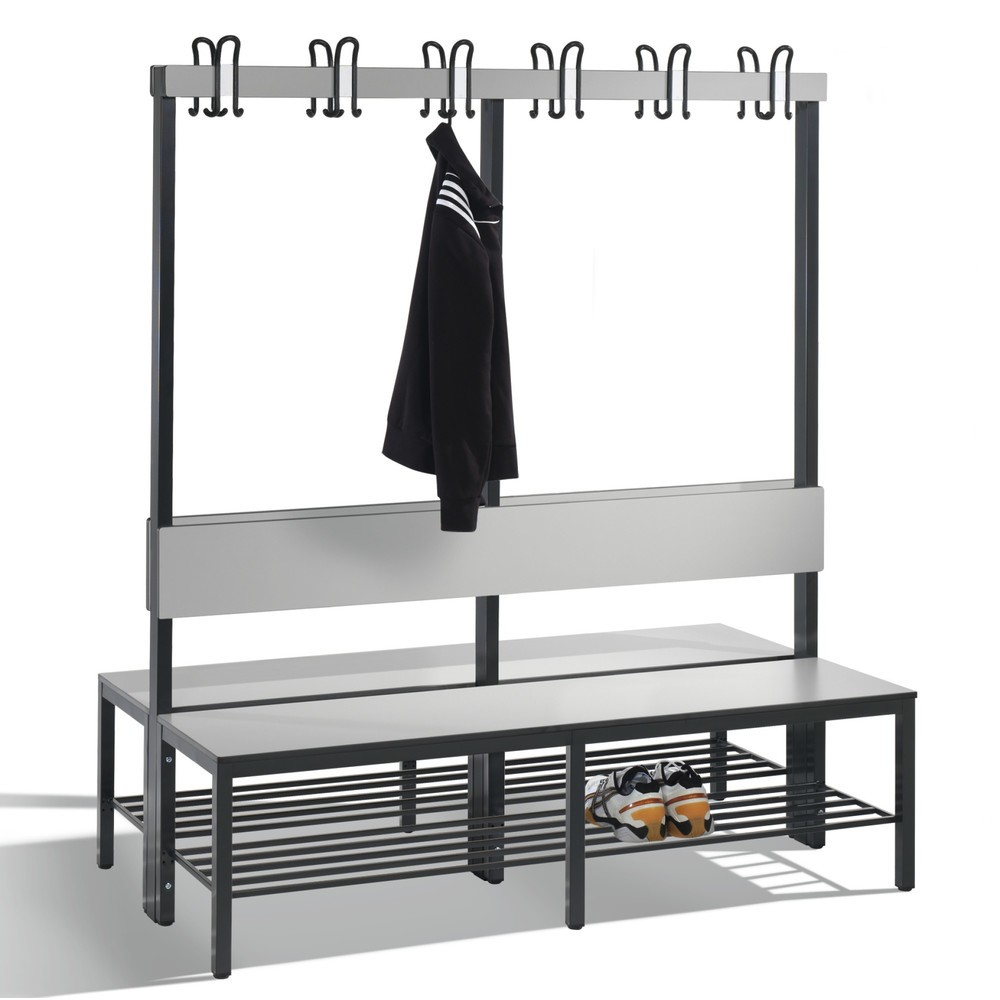 Productafbeelding nr. 1: C+P kleedkamerbank Basic Plus, lengte 1.500 mm, dubbelzijdig, met rugleuning, 2x6 dubbele haken, incl. schoenenrek, zwartgrijs/zilvergrijs