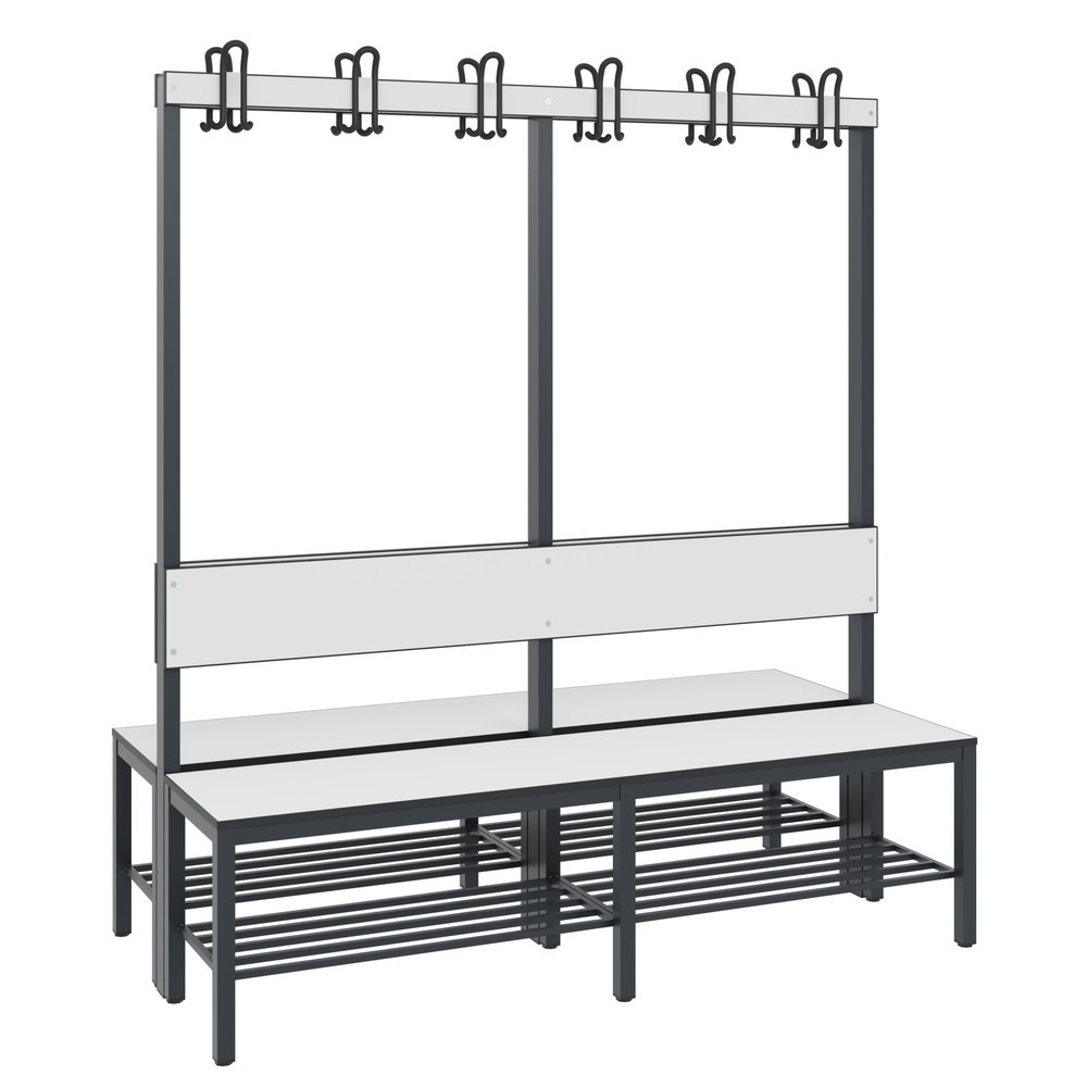 Productafbeelding nr. 1: C+P kleedkamerbank Basic Plus, lengte 1.500 mm, dubbelzijdig, met rugleuning, 2x6 dubbele haken, incl. schoenenrek, zwartgrijs/wit