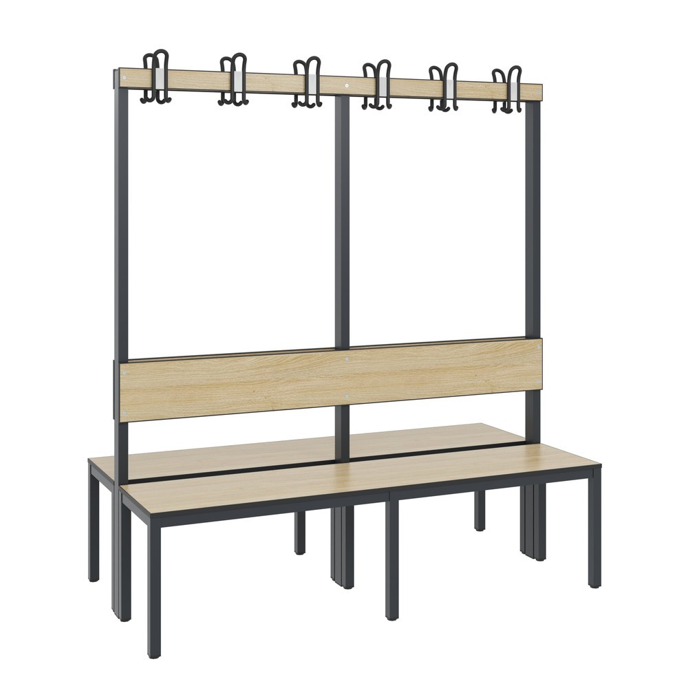 Productafbeelding nr. 1: C+P kleedkamerbank Basic Plus, lengte 1.500 mm, dubbelzijdig, met rugleuning, 2x6 dubbele haken, zwartgrijs/eiken sereno