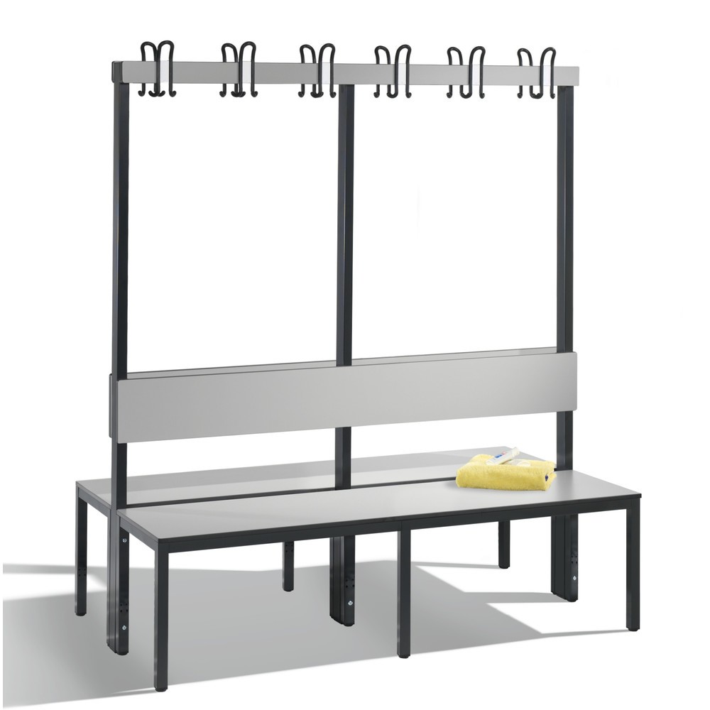 Productafbeelding nr. 1: C+P kleedkamerbank Basic Plus, lengte 1.500 mm, dubbelzijdig, met rugleuning, 2x6 dubbele haken, zwartgrijs/zilvergrijs