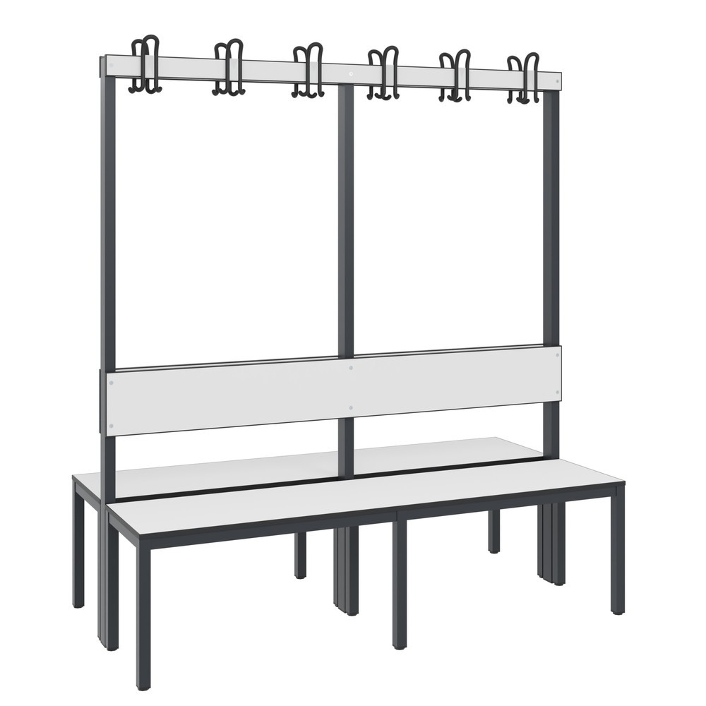 Productafbeelding nr. 1: C+P kleedkamerbank Basic Plus, lengte 1.500 mm, dubbelzijdig, met rugleuning, 2x6 dubbele haken, zwartgrijs/wit
