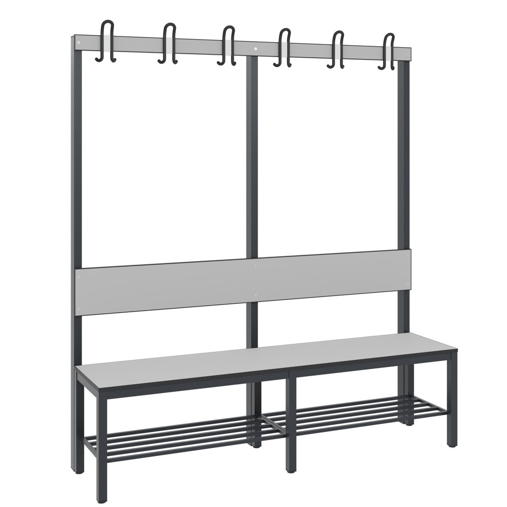 Productafbeelding nr. 1: C+P kleedkamerbank Basic Plus, lengte 1.500 mm, eenzijdig, met rugleuning, 6 dubbele haken, incl. schoenenrek, zwartgrijs/zilvergrijs