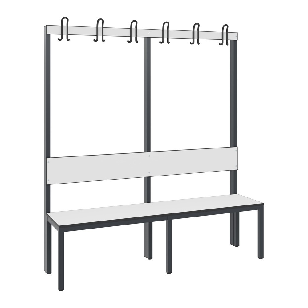 Productafbeelding nr. 1: C+P kleedkamerbank Basic Plus, lengte 1.500 mm, eenzijdig, met rugleuning, 6 dubbele haken, zwartgrijs/eiken sereno