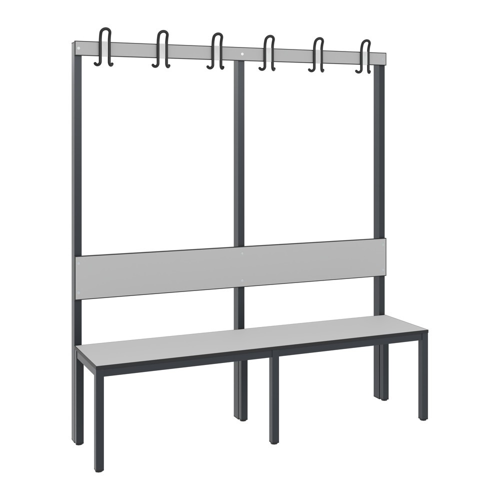 Productafbeelding nr. 1: C+P kleedkamerbank Basic Plus, lengte 1.500 mm, eenzijdig, met rugleuning, 6 dubbele haken, zwartgrijs/zilvergrijs