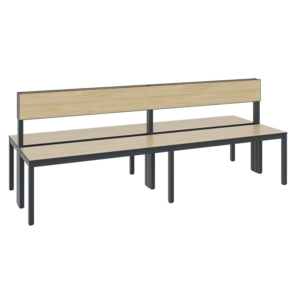 Productafbeelding nr. 1: C+P kleedkamerbank Basic Plus, lengte 1.960 mm, dubbelzijdig, met rugleuning, zwartgrijs/eiken sereno