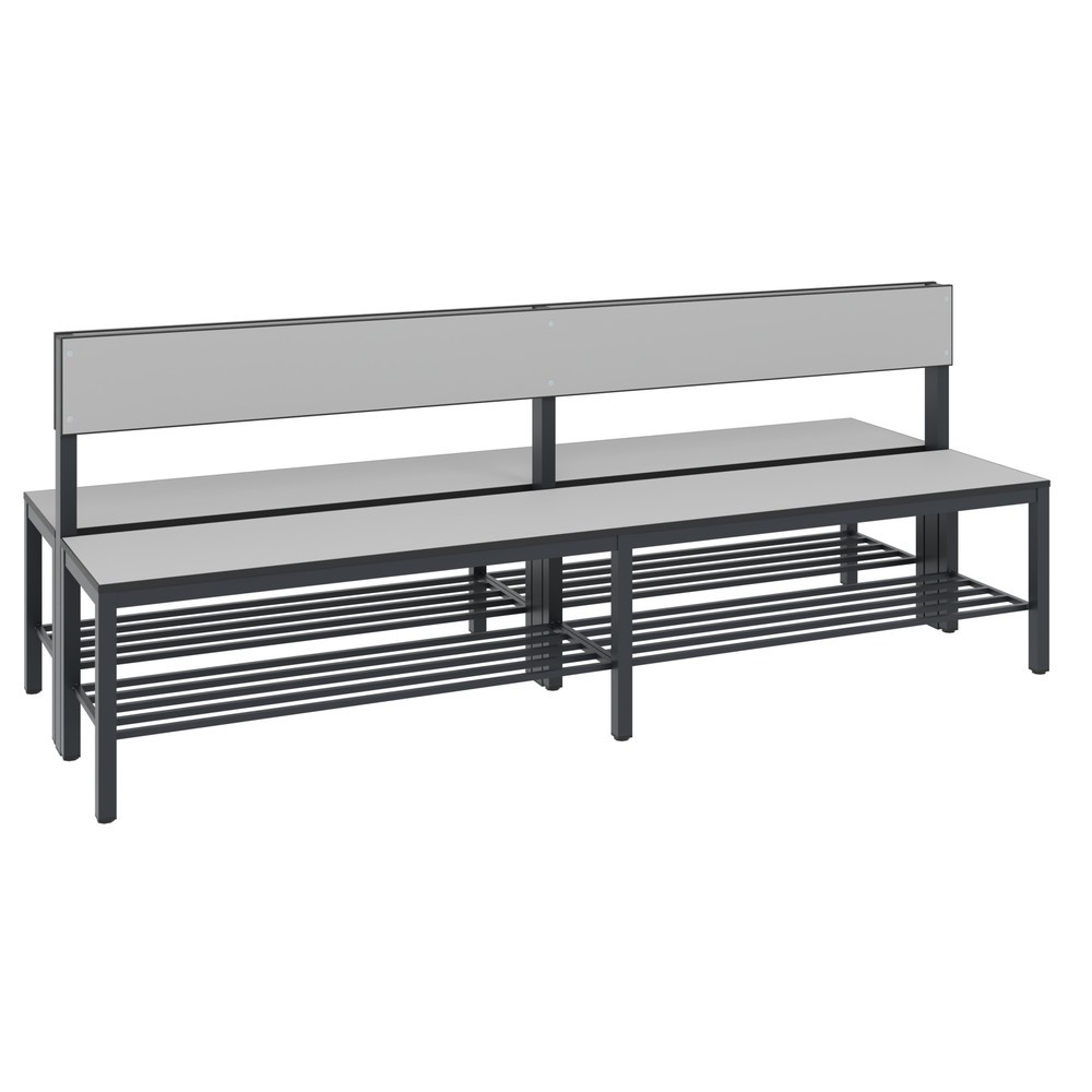 Product afbeelding: C+P kleedkamerbank Basic Plus, lengte 1.960 mm, dubbelzijdig, met rugleuning, incl. schoenenrek, zwartgrijs/zilvergrijs