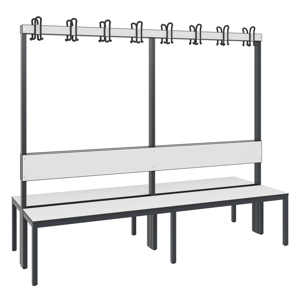 Productafbeelding nr. 1: C+P kleedkamerbank Basic Plus, lengte 1.960 mm, dubbelzijdig, met rugleuning, 2x8 dubbele haken, zwartgrijs/wit