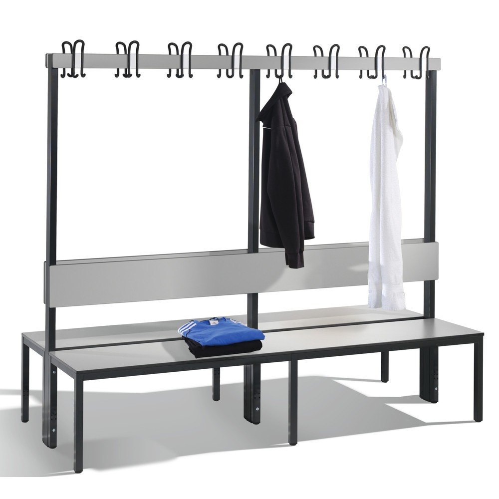 Productafbeelding nr. 1: C+P kleedkamerbank Basic Plus, lengte 1.960 mm, dubbelzijdig, met rugleuning, 2x8 dubbele haken, zwartgrijs/zilvergrijs