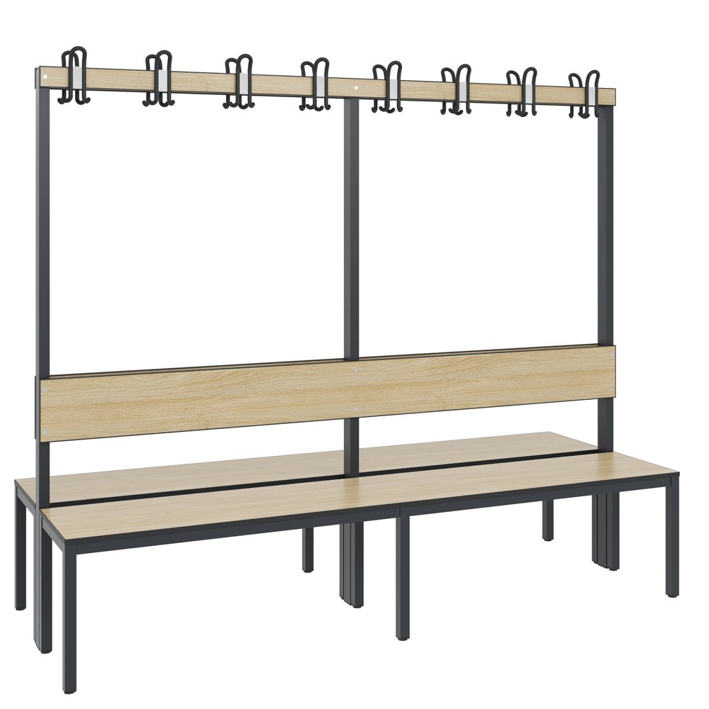 Productafbeelding nr. 1: C+P kleedkamerbank Basic Plus, lengte 1.960 mm, dubbelzijdig, met rugleuning, 2x8 dubbele haken, zwartgrijs/eiken sereno