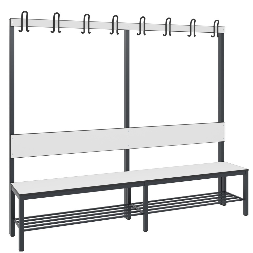 Productafbeelding nr. 1: C+P kleedkamerbank Basic Plus, lengte 1.960 mm, eenzijdig, met rugleuning, 8 dubbele haken, incl. schoenenrek, zwartgrijs/wit
