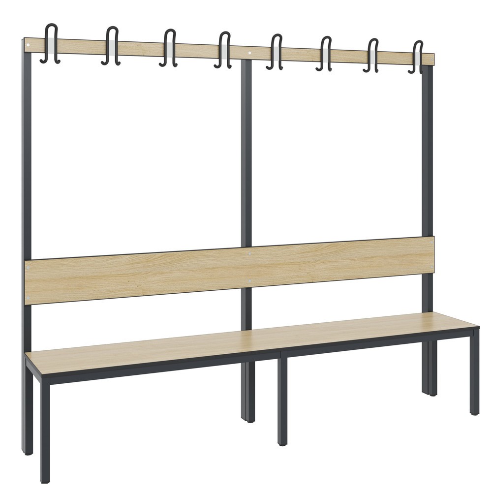 Productafbeelding nr. 1: C+P kleedkamerbank Basic Plus, lengte 1.960 mm, eenzijdig, met rugleuning, 8 dubbele haken, zwartgrijs/eiken sereno