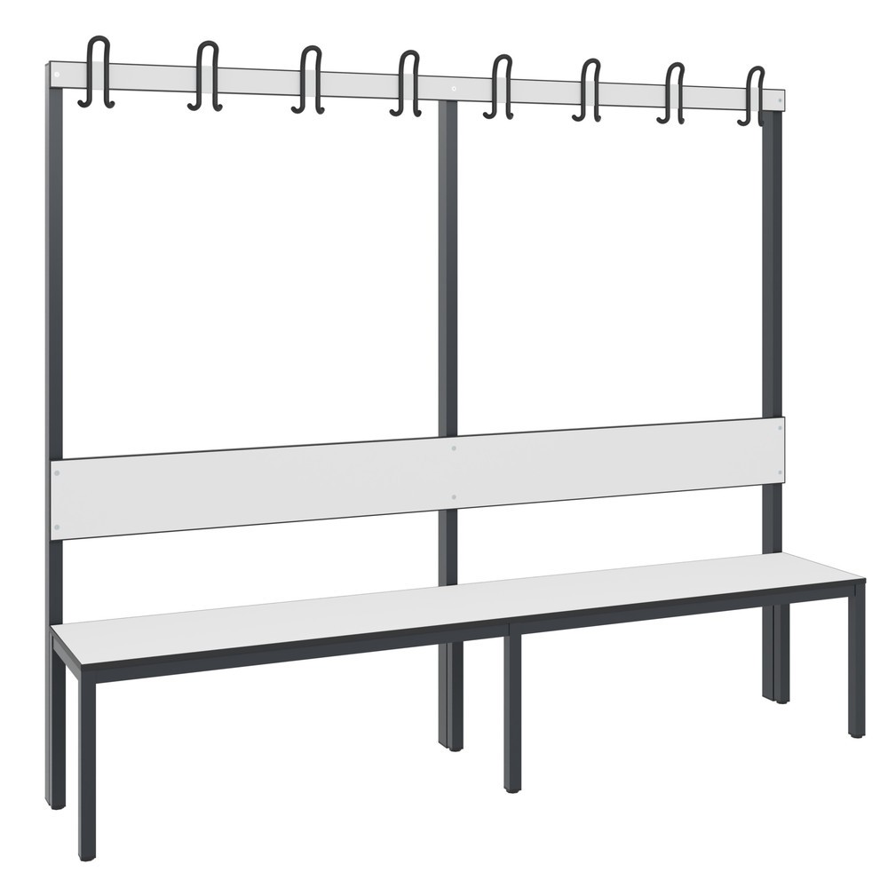 Productafbeelding nr. 1: C+P kleedkamerbank Basic Plus, lengte 1.960 mm, eenzijdig, met rugleuning, 8 dubbele haken, zwartgrijs/wit