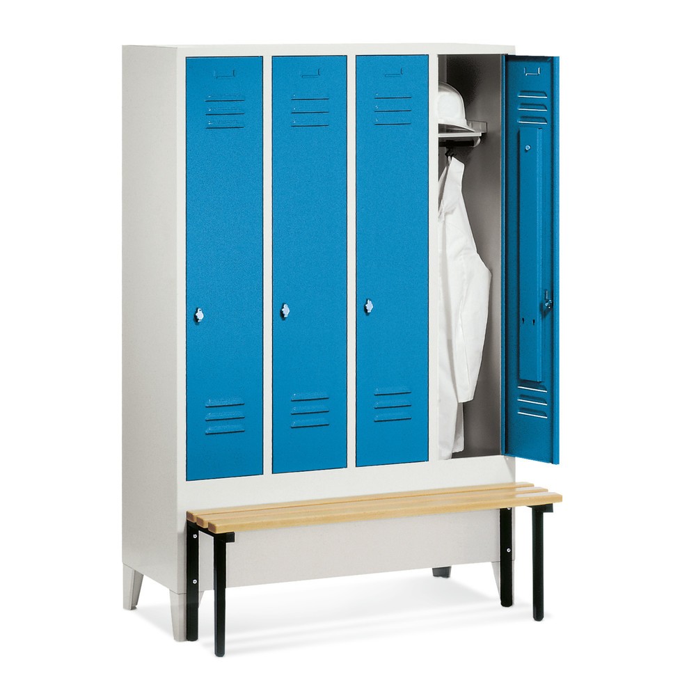 Garderobekast C+P Classic met voorgebouwde zitbank in hout, 4 compartimenten van 300 mm, draaivergrendeling