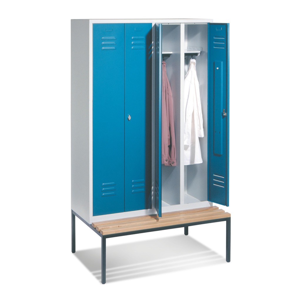 Garderobekast C+P Classic met zitbank, met dubbel compartiment, 4 compartimenten van 300 mm, 2 deuren per dubbel compartiment met cilinderslot