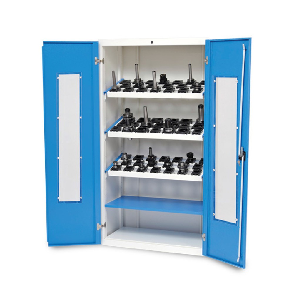Product afbeelding: CNC-vitrinekast Bedrunka+Hirth, hxbxd 1.838 x 980 x 500 mm, lichtgrijs, lichtblauw, met 3 CNC-gereedschapsmontageframes, 1 legbord
