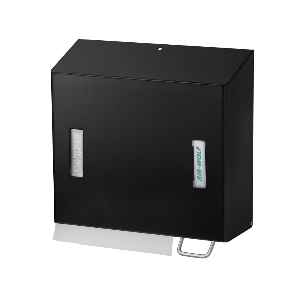 Combinatie van dispenser voor papieren handdoekjes en schuimzeepdispenser rechts Air-Wolf zwart Product afbeelding: Combinatie van dispenser voor papieren handdoekjes en schuimzeepdispenser rechts Air-Wolf zwart