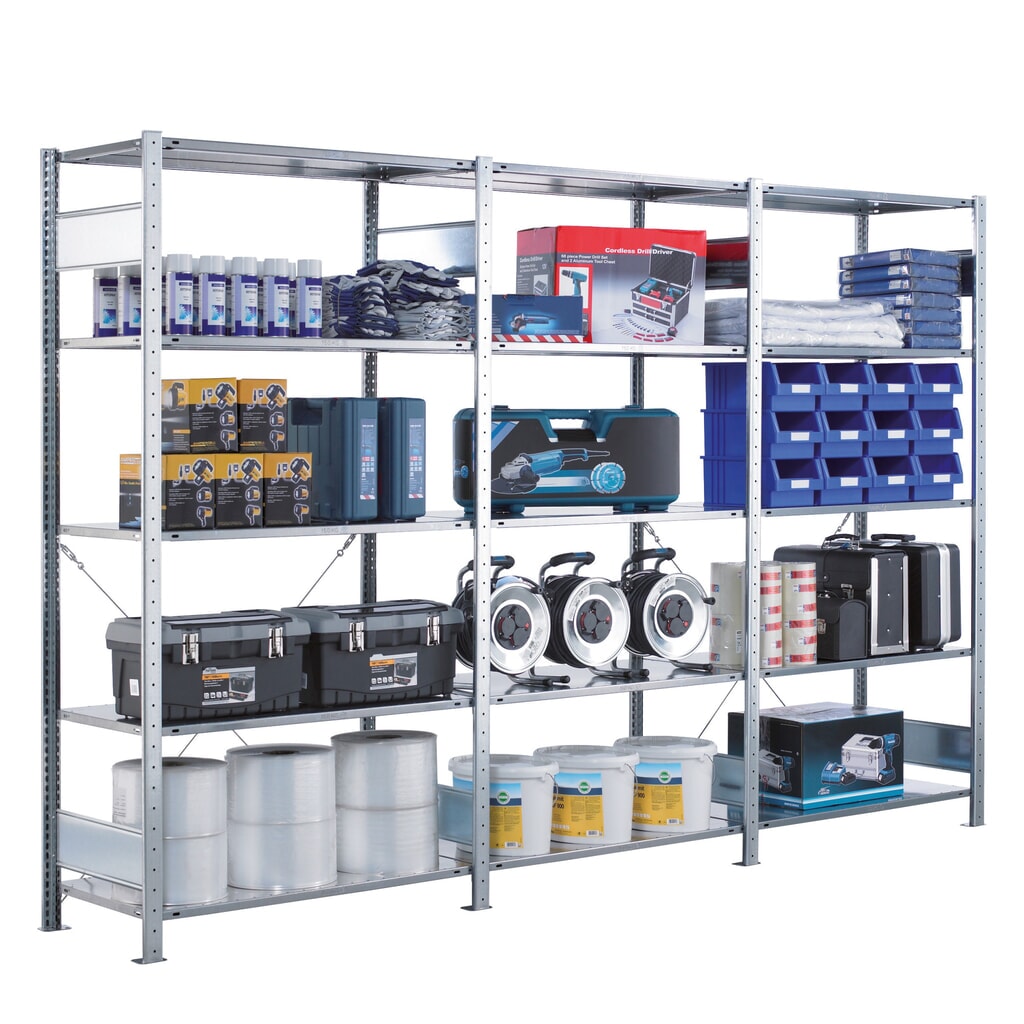 Complete legbordstelling SCHULTE, verzinkt, met 15 legborden van plaatstaal, vaklast 150 kg, hxbxd 2.000 x 3.072 x 536 mm Productafbeelding nr. 2: Complete legbordstelling SCHULTE, verzinkt, met 15 legborden van plaatstaal, vaklast 150 kg, hxbxd 2.000 x 3.072 x 536 mm