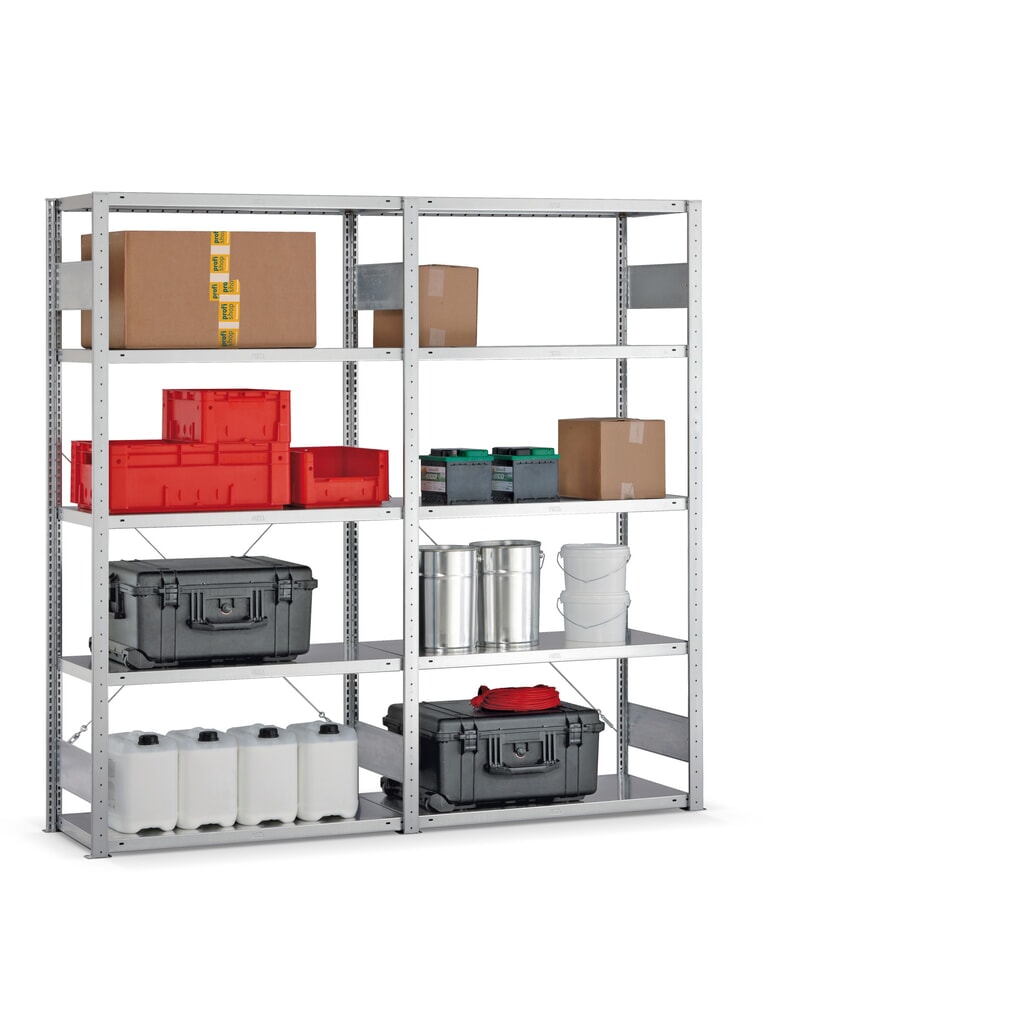 Complete legbordstelling META, verzinkt, vaklast 150 kg, hxbxd 2.000 x 2.062 x 336 mm Product afbeelding: Complete legbordstelling META, verzinkt, vaklast 150 kg, hxbxd 2.000 x 2.062 x 336 mm