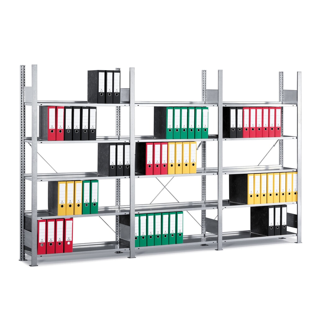 Complete archiefstelling META, enkelzijdig, zonder afdekbord, VL 80 kg, verzinkt, hxbxd 1.850 x 3.000 x 300 mm Product afbeelding: Complete archiefstelling META, enkelzijdig, zonder afdekbord, VL 80 kg, verzinkt, hxbxd 1.850 x 3.000 x 300 mm