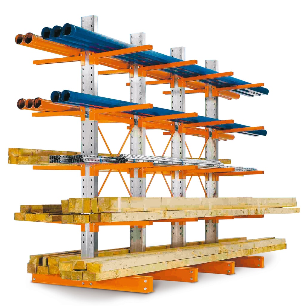 Complete draagarmstelling, lichte uitvoering, dubbelzijdig, draagvermogen per arm 300 kg, hxbxd 2.432 x 3.000 x 1.180 mm, 4 staanders Product afbeelding: Complete draagarmstelling, lichte uitvoering, dubbelzijdig, draagvermogen per arm 300 kg, hxbxd 2.432 x 3.000 x 1.180 mm, 4 staanders