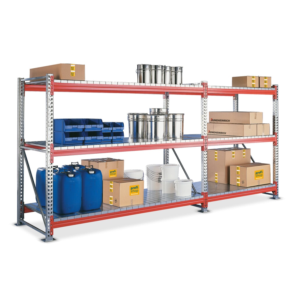 Product afbeelding: Complete grootvakstelling META, met stalen panelen, verzinkt / roodoranje, hxbxd 2.200 x 3.650 x 800 mm