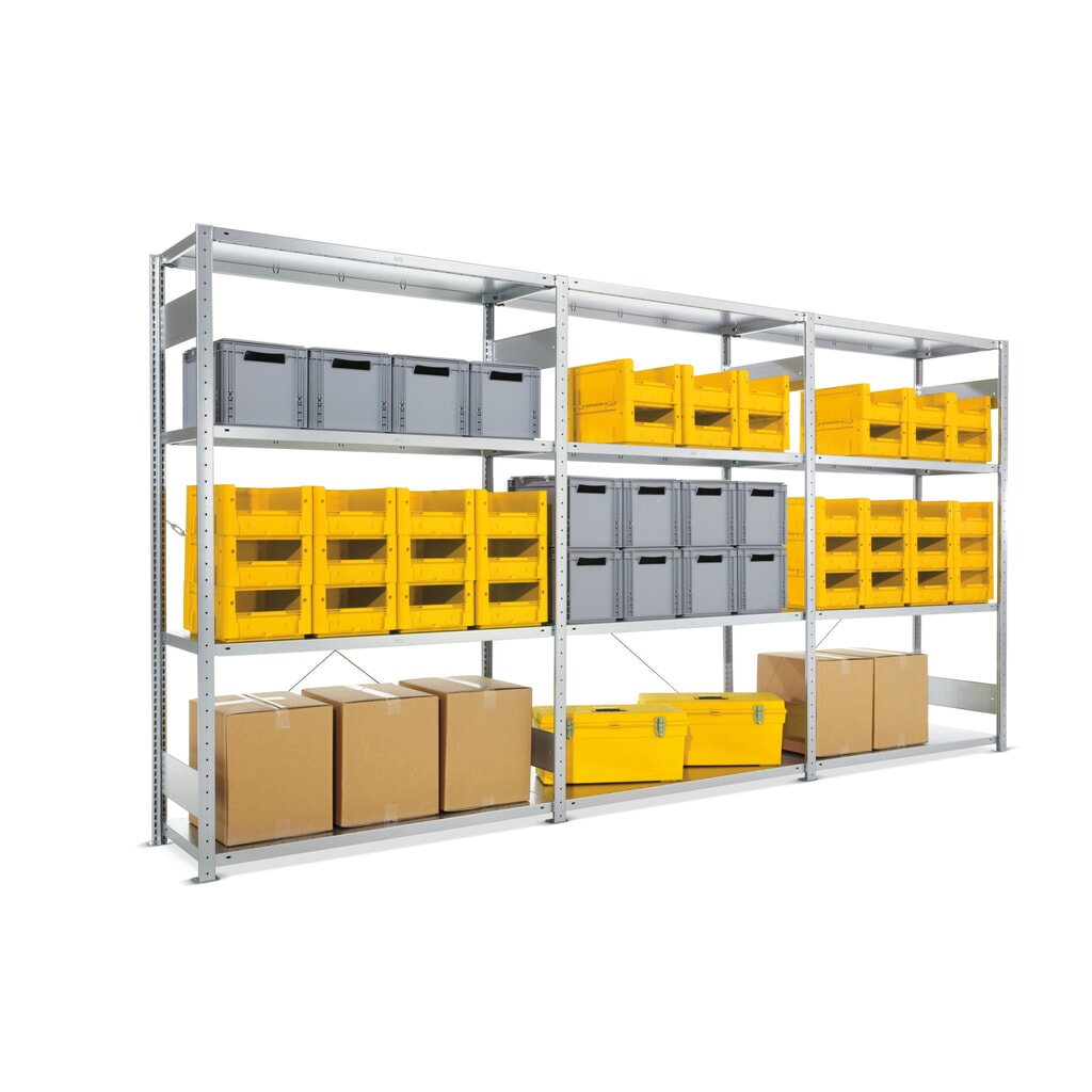 Complete grootvakstelling META, vaklast 230 kg, HxBxD 2.000 x 3.900 x 600 mm Product afbeelding: Complete grootvakstelling META, vaklast 230 kg, HxBxD 2.000 x 3.900 x 600 mm