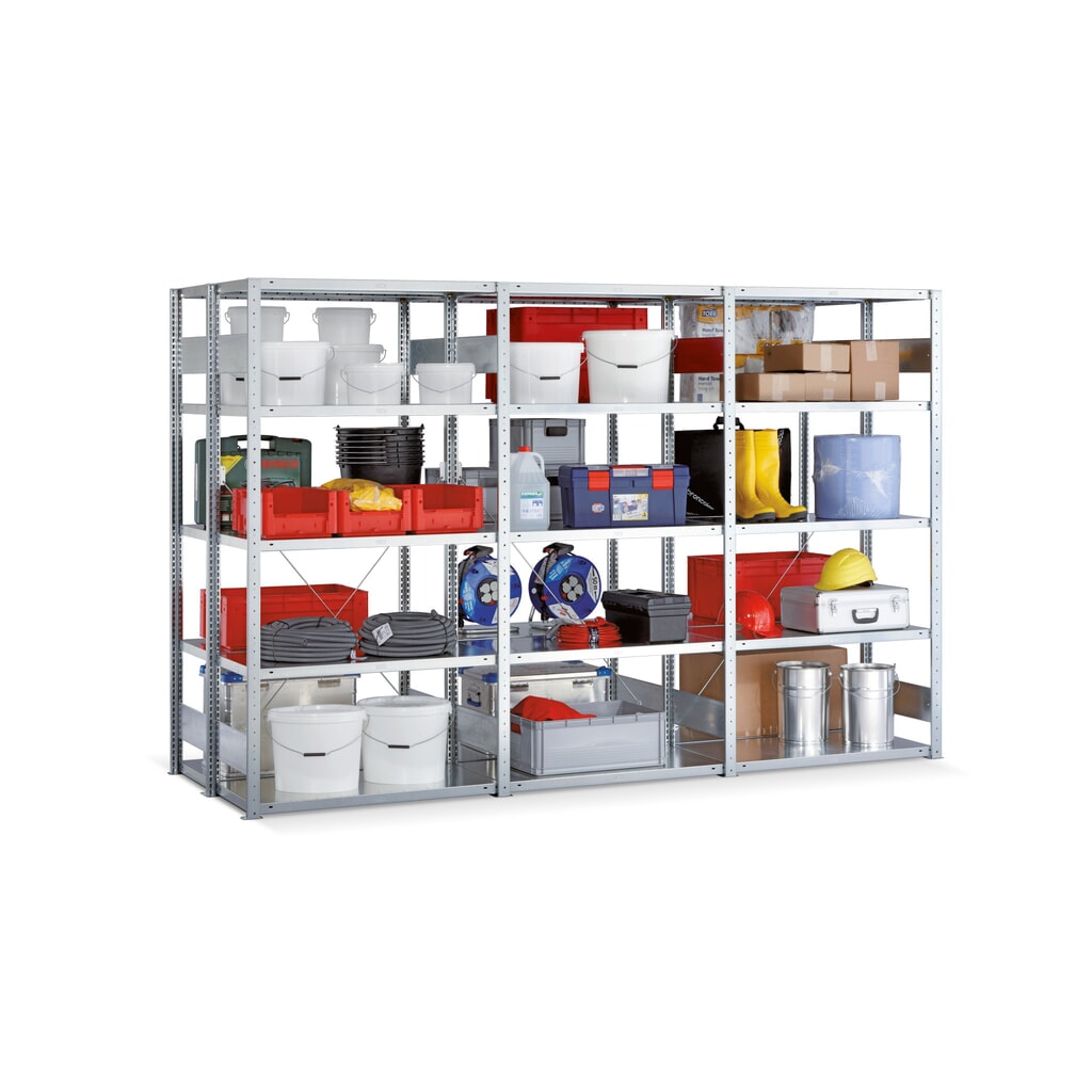 Complete legbordstelling META, verzinkt, dubbelzijdig, vaklast 230 kg, hxbxd 2.000 x 3.068 x 875 mm Product afbeelding: Complete legbordstelling META, verzinkt, dubbelzijdig, vaklast 230 kg, hxbxd 2.000 x 3.068 x 875 mm