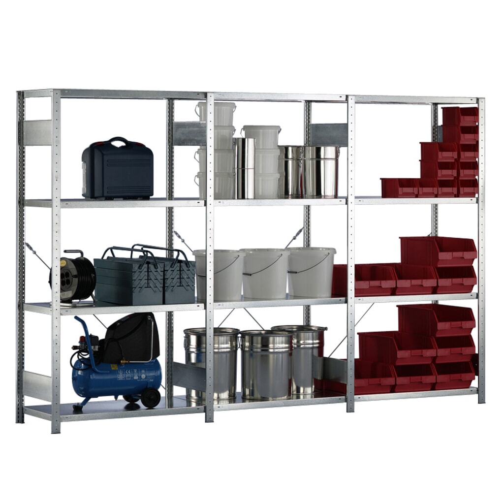 Complete legbordstelling META, verzinkt, vaklast 150 kg, hxbxd 2.000 x 3.068 x 436 mm Product afbeelding: Complete legbordstelling META, verzinkt, vaklast 150 kg, hxbxd 2.000 x 3.068 x 436 mm