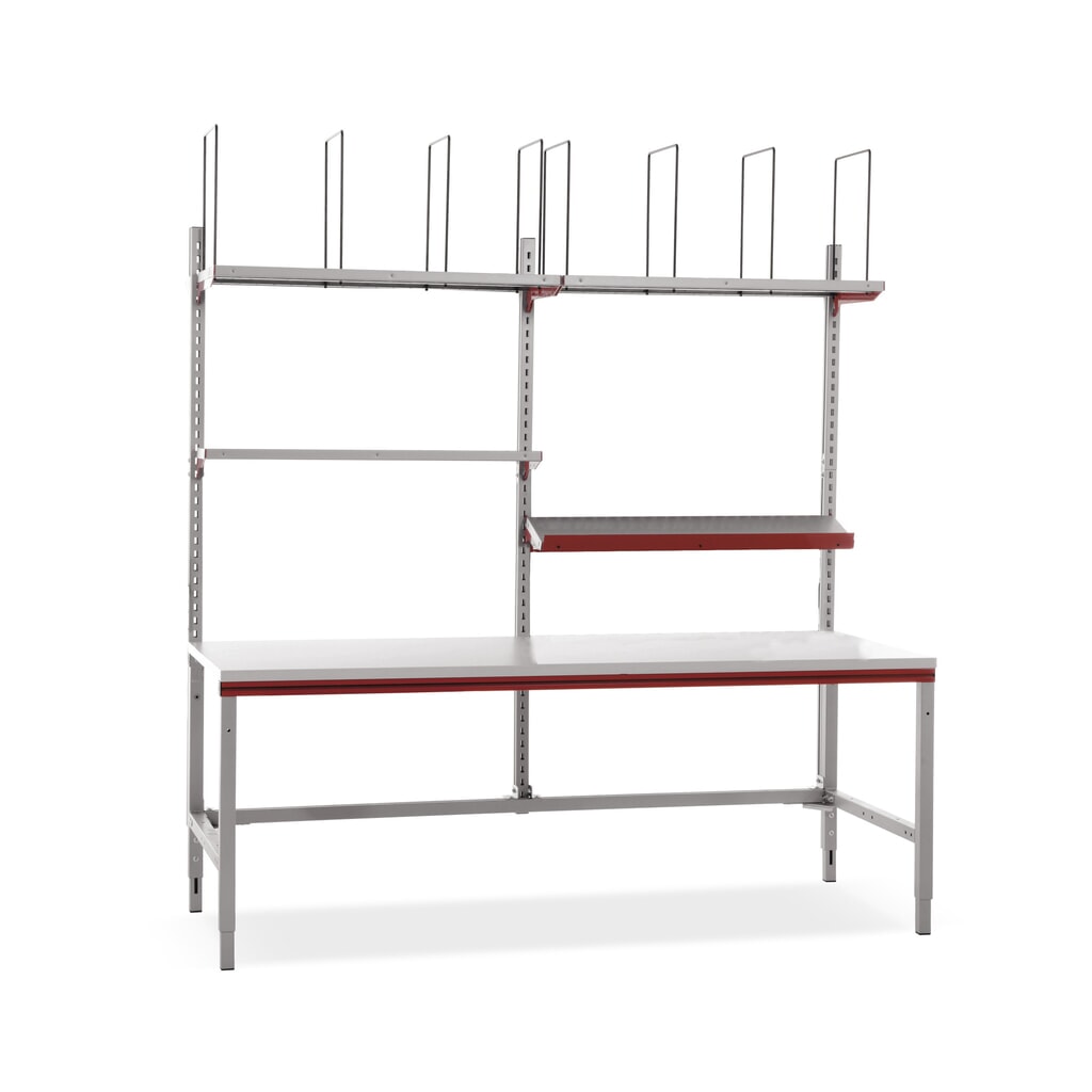 Rocholz handmatig in hoogte verstelbare paktafel FLEX, opbouw met aflegborden en vakverdelers, hxbxd 690-960 x 2.000 x 800 mm Product afbeelding: Rocholz handmatig in hoogte verstelbare paktafel FLEX, opbouw met aflegborden en vakverdelers, hxbxd 690-960 x 2.000 x 800 mm