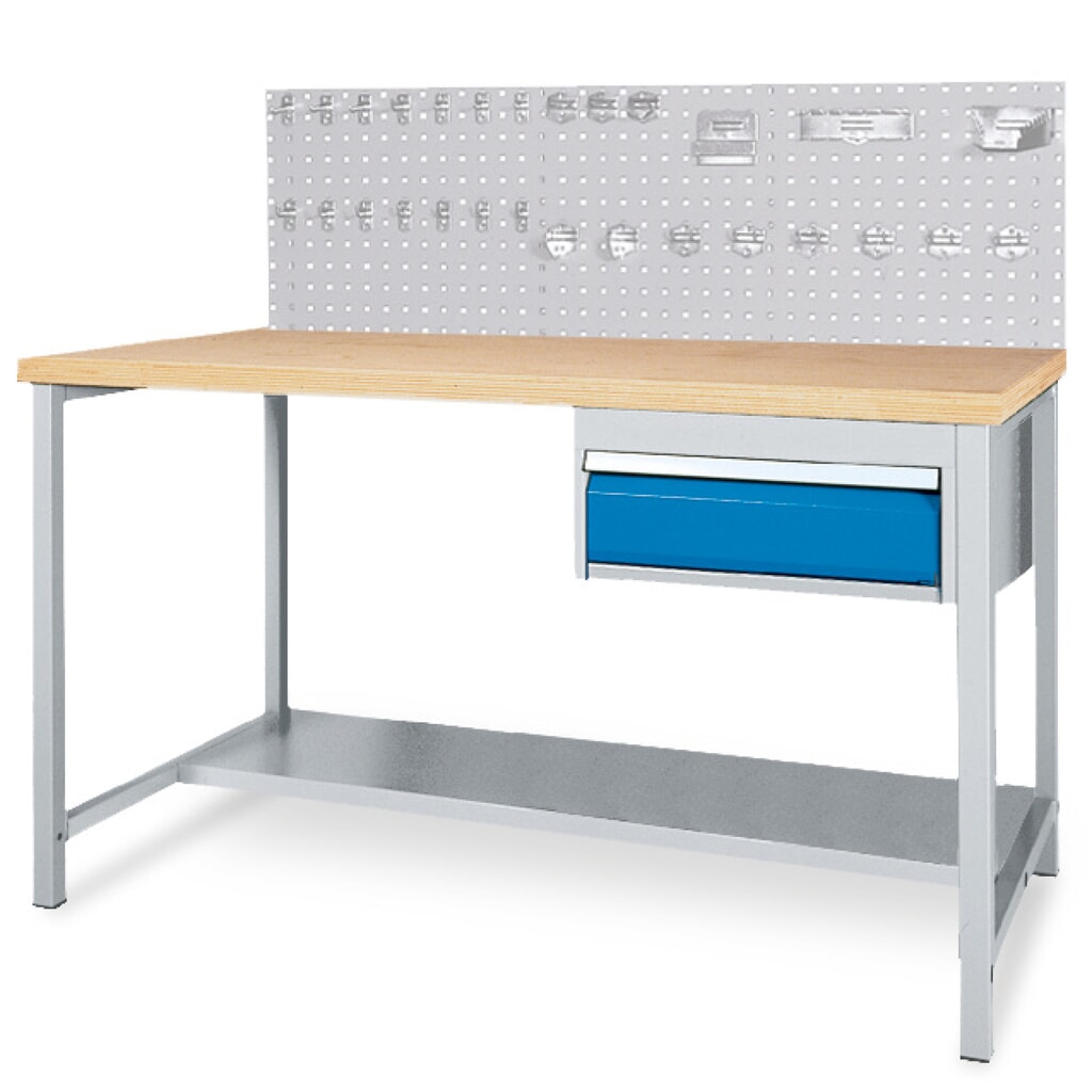 Complete set werkbanktafel met lade + geperforeerde achterwand + diverse haken, hxbxd 1.310 x 1.500 x 750 mm Product afbeelding: Complete set werkbanktafel met lade + geperforeerde achterwand + diverse haken, hxbxd 1.310 x 1.500 x 750 mm