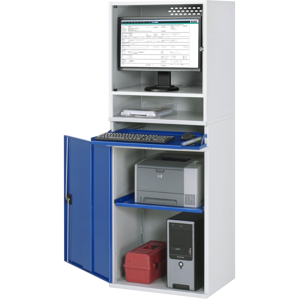 Product afbeelding: Computerkast RAU, monitorbehuizing, uitschuifblad voor het toetsenbord, draaideur, stationair
