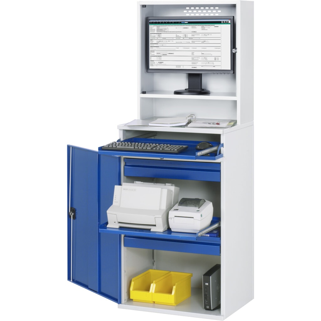 Productafbeelding nr. 1: Computerkast RAU, monitorbehuizing, uitschuifblad voor het toetsenbord, draaideur, aantal lades x h x b: 2 x 80 x 570 mm