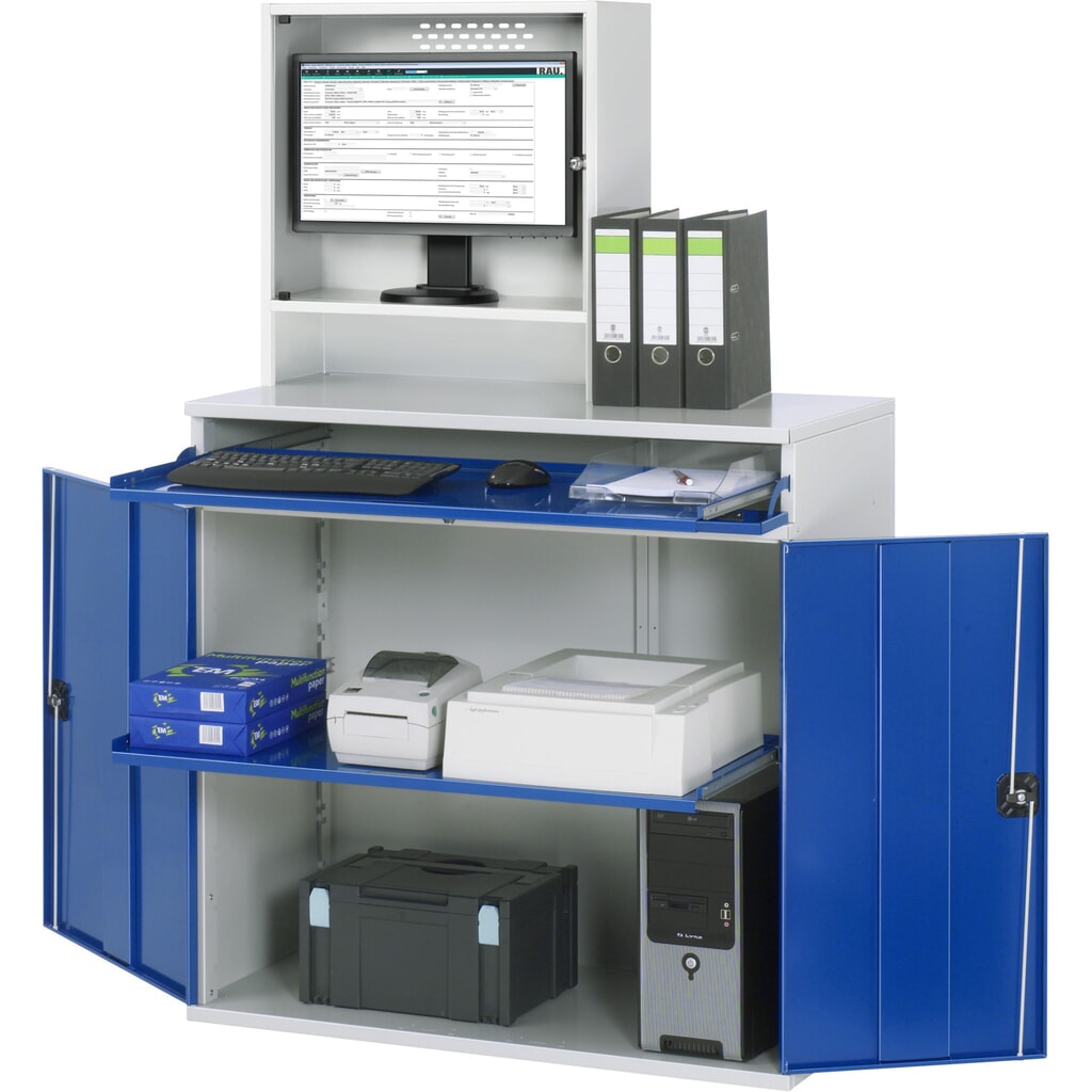 Computerkast RAU, monitorbehuizing, uitschuifblad voor het toetsenbord, dubbele draaideur, monitorvak diepte 230, 1 x uittrekbaar blad, stationair Product afbeelding: Computerkast RAU, monitorbehuizing, uitschuifblad voor het toetsenbord, dubbele draaideur, monitorvak diepte 230, 1 x uittrekbaar blad, stationair