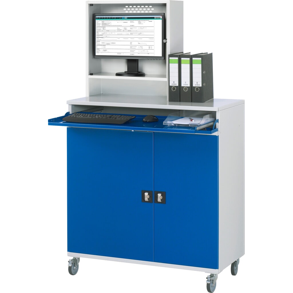 Productafbeelding nr. 3: Mobiele computerkast RAU, monitorbehuizing, uitschuifblad voor het toetsenbord, dubbele draaideur, aantal lades x h x b: 2 x 80 x 1.020 mm