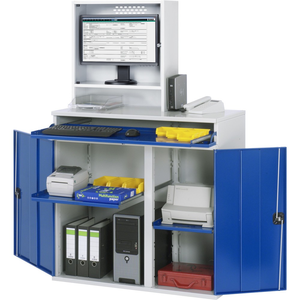 Product afbeelding: Computerkast RAU, monitorbehuizing, uitschuifblad voor het toetsenbord, dubbele draaideur, monitorvak diepte 230, 2 x uittrekbaar blad, stationair