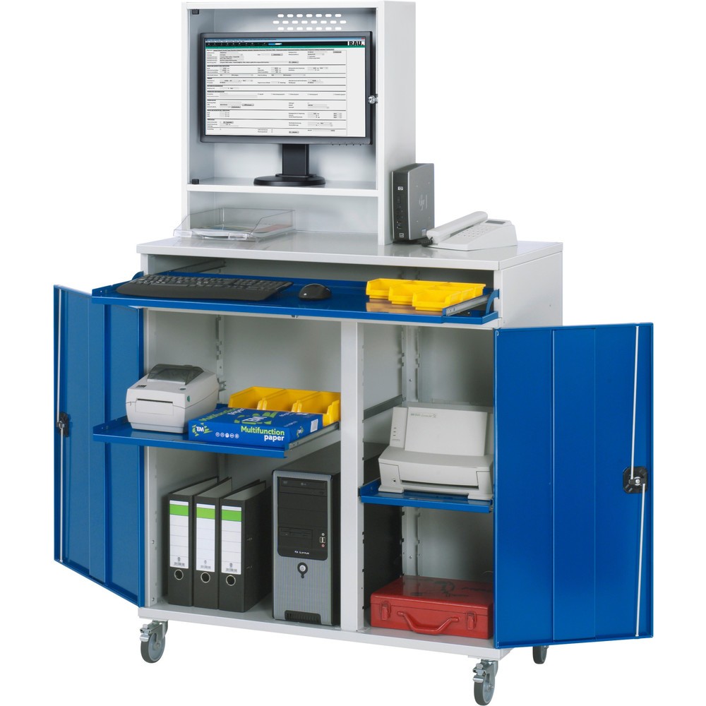 Product afbeelding: Computerkast RAU, monitorbehuizing, uitschuifblad voor het toetsenbord, dubbele draaideur, monitorvak diepte 230, 2 x uittrekbaar blad, mobiel