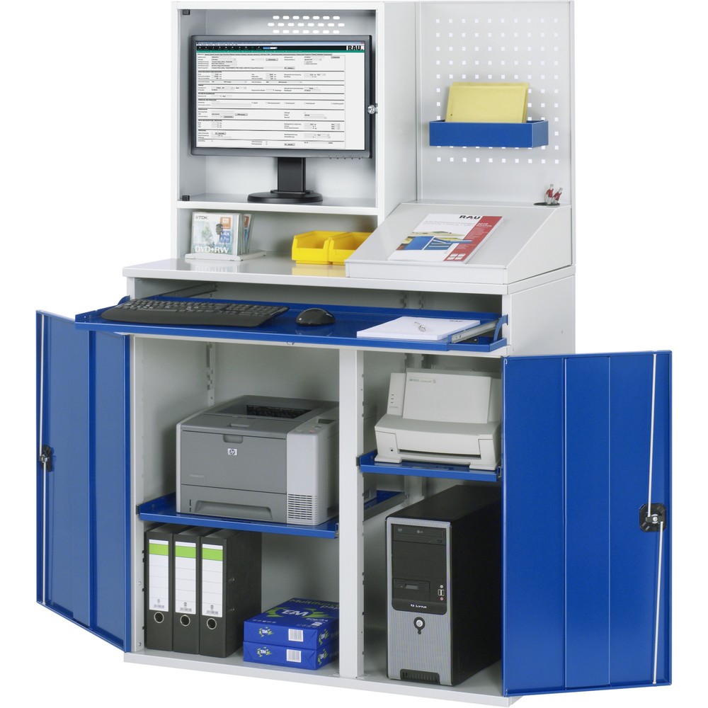 Productafbeelding nr. 2: Computerkast RAU, monitorbehuizing, uitschuifblad voor het toetsenbord, dubbele draaideur, geperforeerde achterwand, aantal lades x h x b: 1 x 80 x 1.020 mm