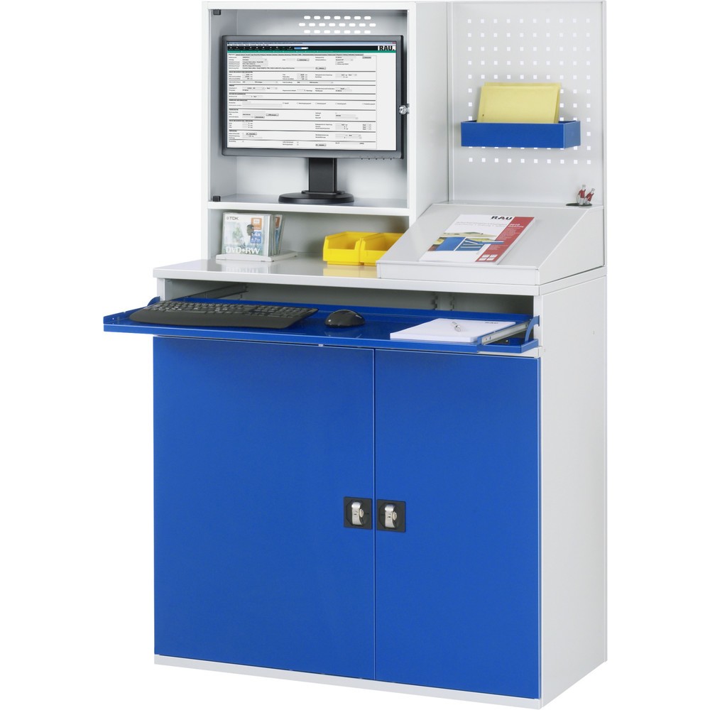 Productafbeelding nr. 3: Computerkast RAU, monitorbehuizing, uitschuifblad voor het toetsenbord, dubbele draaideur, geperforeerde achterwand, aantal lades x h x b: 1 x 80 x 1.020 mm