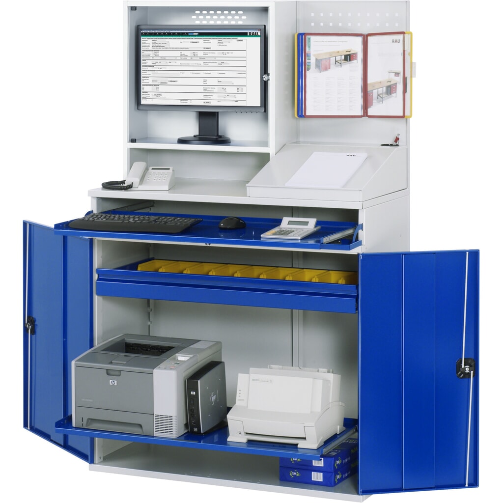 Computerkast RAU, monitorbehuizing, uitschuifblad voor het toetsenbord, dubbele draaideur, geperforeerde achterwand, aantal lades x h x b: 1 x 80 x 1.020 mm Product afbeelding: Computerkast RAU, monitorbehuizing, uitschuifblad voor het toetsenbord, dubbele draaideur, geperforeerde achterwand, aantal lades x h x b: 1 x 80 x 1.020 mm