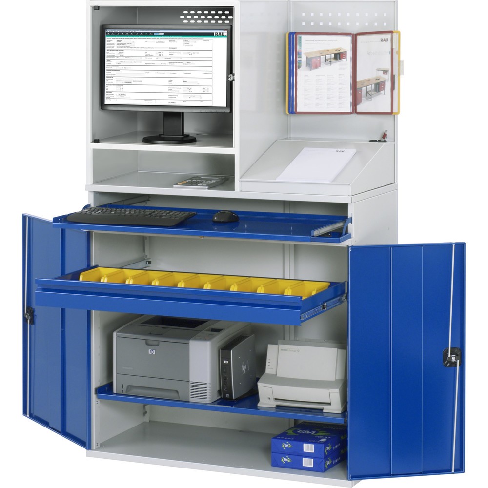 Product afbeelding: Computerkast RAU, monitorbehuizing, uitschuifblad voor het toetsenbord, dubbele draaideur, geperforeerde achterwand, aantal lades x h x b: 1 x 80 x 1.020 mm