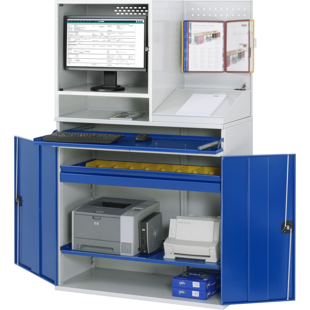 Productafbeelding nr. 3: Computerkast RAU, monitorbehuizing, uitschuifblad voor het toetsenbord, dubbele draaideur, geperforeerde achterwand, aantal lades x h x b: 1 x 80 x 1.020 mm