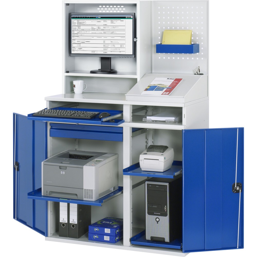 Productafbeelding nr. 1: Computerkast RAU, monitorbehuizing, uitschuifblad voor het toetsenbord, dubbele draaideur, geperforeerde achterwand, aantal lades x h x b: 1 x 80 x 650 mm
