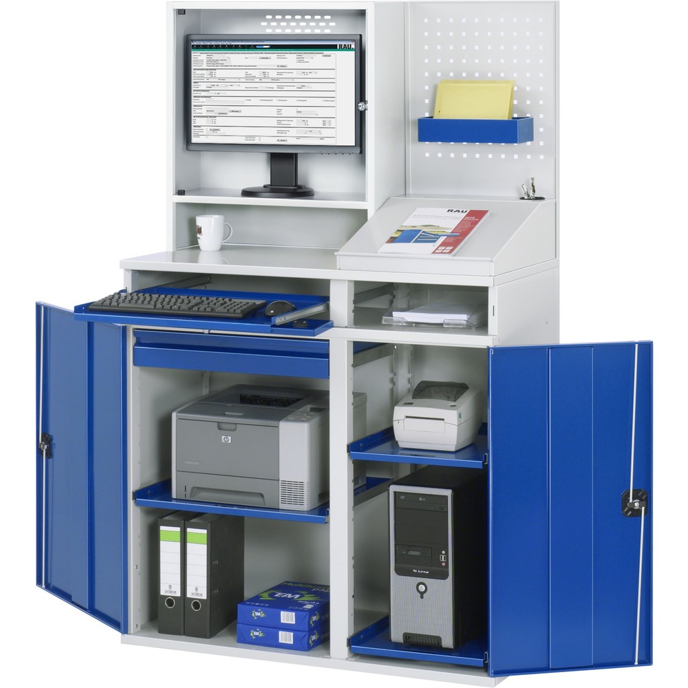 Productafbeelding nr. 3: Computerkast RAU, monitorbehuizing, uitschuifblad voor het toetsenbord, dubbele draaideur, geperforeerde achterwand, aantal lades x h x b: 1 x 80 x 650 mm