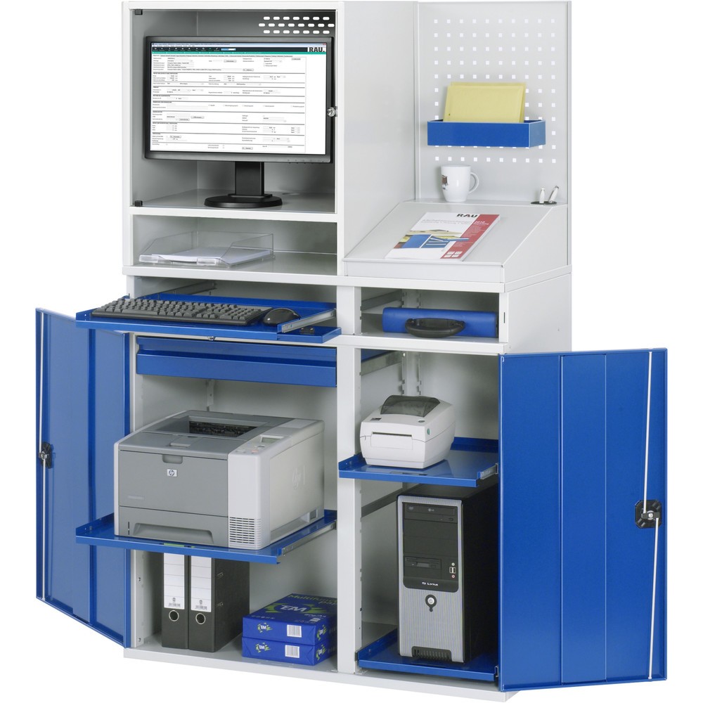 Product afbeelding: Computerkast RAU, monitorbehuizing, uitschuifblad voor het toetsenbord, dubbele draaideur, geperforeerde achterwand, aantal lades x h x b: 1 x 80 x 650 mm