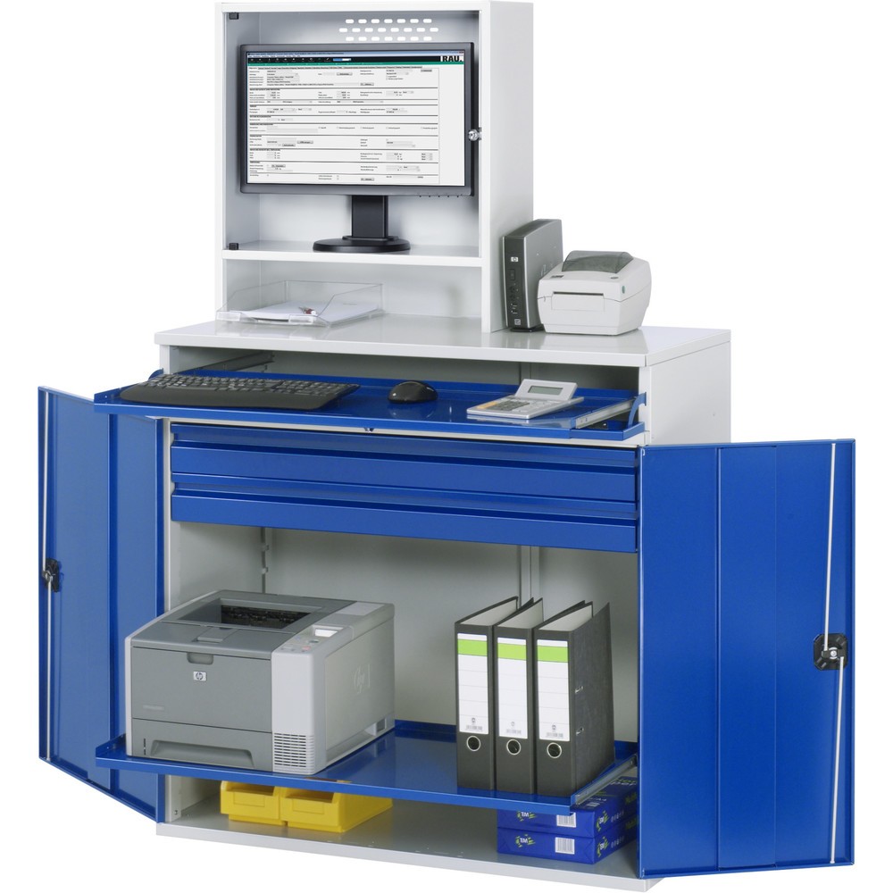 Productafbeelding nr. 1: Computerkast RAU, monitorbehuizing, uitschuifblad voor het toetsenbord, dubbele draaideur, aantal lades x h x b: 2 x 80 x 1.020 mm
