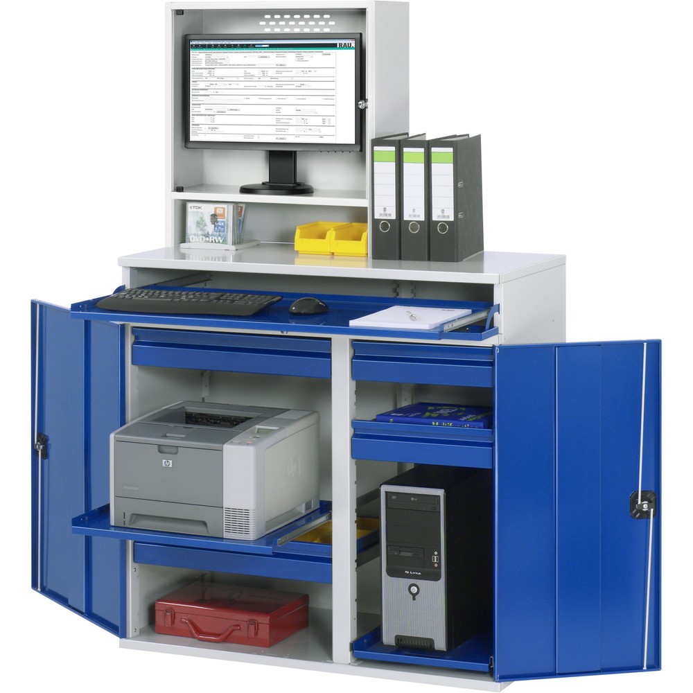 Product afbeelding: Computerkast RAU, monitorbehuizing, uitschuifblad voor het toetsenbord, dubbele draaideur, aantal lades x h x b: 4 x 80 x 450-650 mm