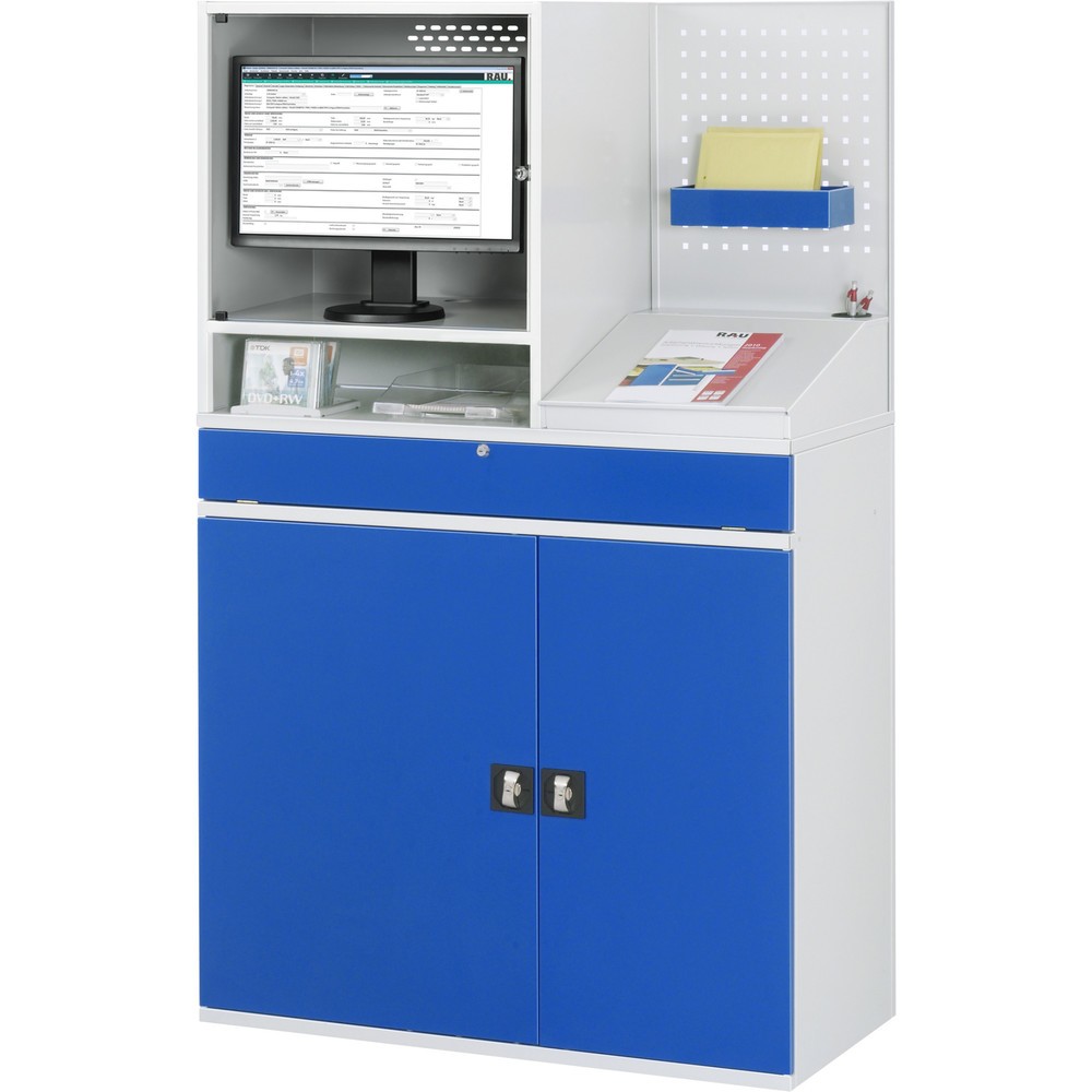 Productafbeelding nr. 2: Computerkast RAU, monitorbehuizing, uitschuifblad voor het toetsenbord, geperforeerde achterwand, dubbele draaideur, stationair