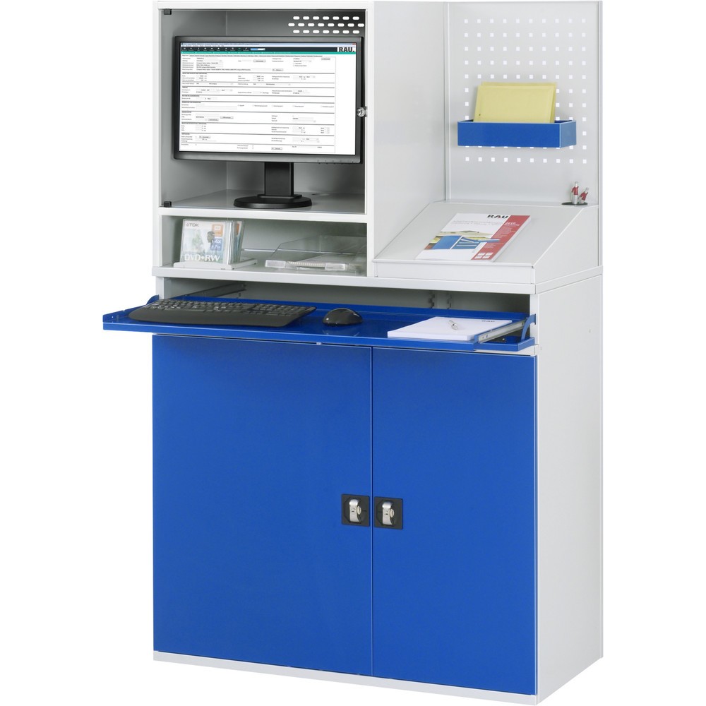 Productafbeelding nr. 3: Computerkast RAU, monitorbehuizing, uitschuifblad voor het toetsenbord, geperforeerde achterwand, dubbele draaideur, stationair