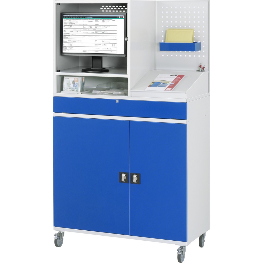 Productafbeelding nr. 2: Computerkast RAU, monitorbehuizing, uitschuifblad voor het toetsenbord, geperforeerde achterwand, dubbele draaideur, mobiel